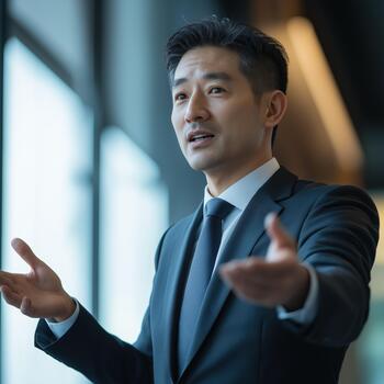 An Asian Man Delivers an Engaging Presentation at a Finance Conference in Hong Kong photo
