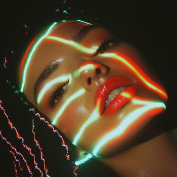 A Colombian Woman With Long Braids Glows Under Colorful Neon Light in a Dark Setting photo