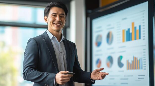 An Asian Man Delivers an Engaging Presentation During a Finance Conference in Hong Kong photo