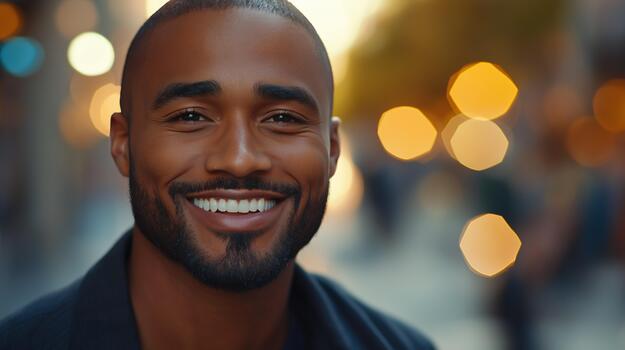 A Smiling Black Man Enjoys Life in a Bustling City as the Sun Sets in the Background photo