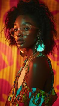 un de moda negro hembra modelo muestra negrita accesorios y dinámica patrones en suave noche ligero foto