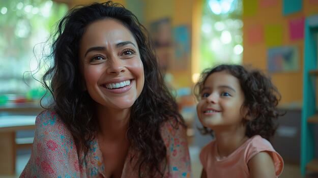 A Happy Teacher Assists a Young Student, Sharing Smiles in a Colorful Learning Environment photo