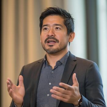 A Hispanic Man Delivers an Engaging Presentation at a Technology Conference photo