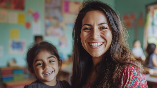 A Joyful Teacher Engages With a Young Student in a Vibrant Classroom photo