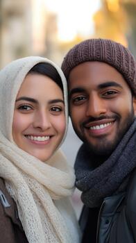 A Warm Encounter Between a Smiling Woman in a Scarf and a Man in a Hat Highlighting Happiness photo