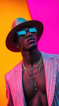 Charismatic Black Male Model Showcases Dynamic Styles and Vibrant Accessories in Neon-lit Urban Setting photo