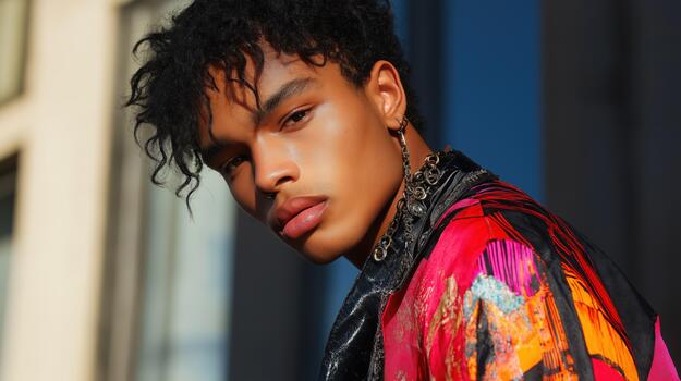 A Young Male Model Displays Dynamic Street Style With Unique Pieces in Evening Light photo