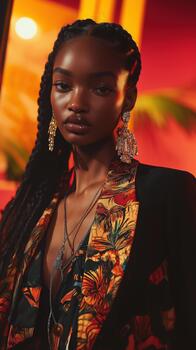 un joven negro hembra modelo regalos dinámica patrones y accesorios en un vibrante, calentar ajuste foto