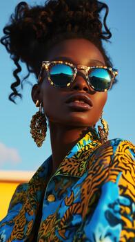 un de moda negro hembra modelo hace alarde dinámica patrones y negrita accesorios en suave noche ligero foto