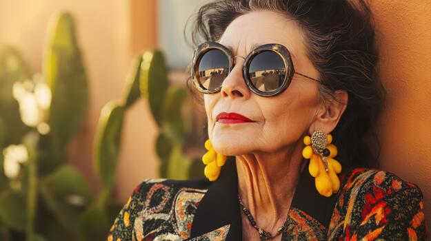 un elegante más viejo mujer abraza alto Moda con dinámica patrones y declaración accesorios foto