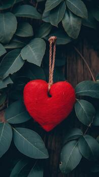A Vibrant Red Heart Hangs Delicately From a Natural Backdrop of Green Foliage, Celebrating Love on Valentine's Day photo