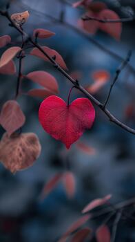 Close-up of a Red Heart-shaped Leaf on a Branch, Representing Deep Love During the Calm of Winter photo