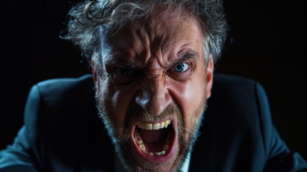 A Man Shows Intense Rage, Highlighting Deep Emotions in a Dimly Lit Setting photo