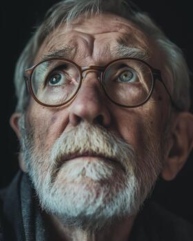 A Man With Gray Hair and Glasses Looks Up, Conveying Deep Sadness and Reflective Thought While Indoors photo