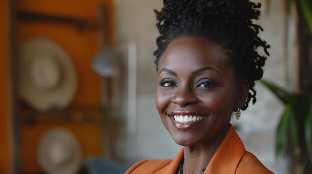 A Smiling African-american Businesswoman in a Modern Office Displays Confidence and Positivity While Networking photo