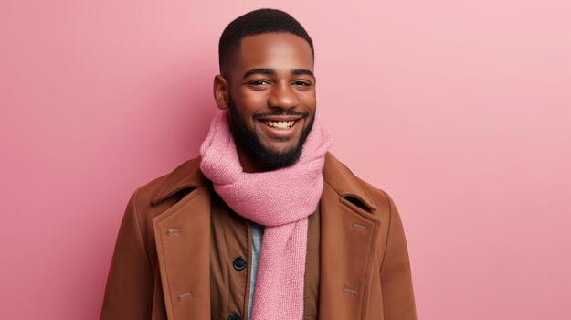 A Black Fashion Model Smiles While Displaying Trendy Outfits in a Bright Studio With a Pink Backdrop photo