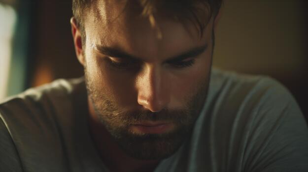 A Young Man With a Serious Expression Reflects on His Feelings in a Softly Lit Indoor Setting During Evening Hours photo