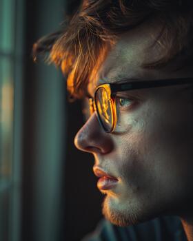 A Caucasian Man Gazes Thoughtfully Out a Window, Bathed in Soft Evening Light, Lost in His Sadness photo