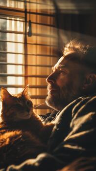 A Man Enjoys a Moment With His Pet Parrot, Smiling in Warm Sunlight Streaming Through Blinds photo
