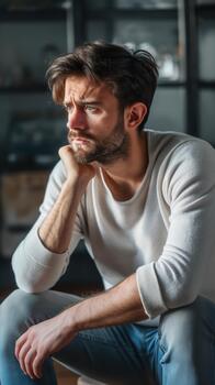 Caucasian Man Is Deep in Thought While Seated in a Dimly Lit Indoor Space, Showing Signs of Sadness photo