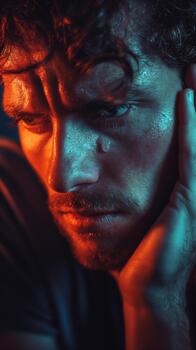 A Caucasian Man Reflects on His Emotions, Showing Signs of Sadness in a Dimly Lit Environment photo