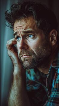 Man Experiences Sadness as He Gazes Thoughtfully Out of a Window in a Calm Indoor Setting photo