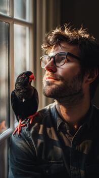 Candid Shot of a Man and His Parrot Sharing a Moment of Connection by the Window, Illuminated by Soft Sunlight photo
