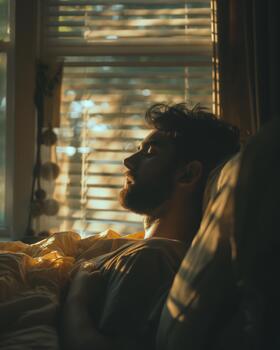 An Arab-american Man Rests in a Sunlit Environment, Lost in Thought and Displaying Emotions of Sadness in the Morning photo