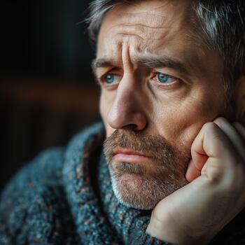 A Caucasian Man Appears Lost in Thought, Showing Signs of Sadness as He Gazes Thoughtfully Into Space photo
