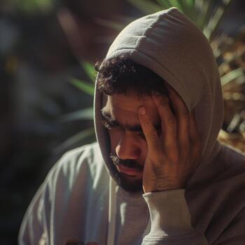 A Young Arab-american Man Sits Quietly, Appearing Lost in Thought and Reflecting on Personal Struggles During Daylight photo
