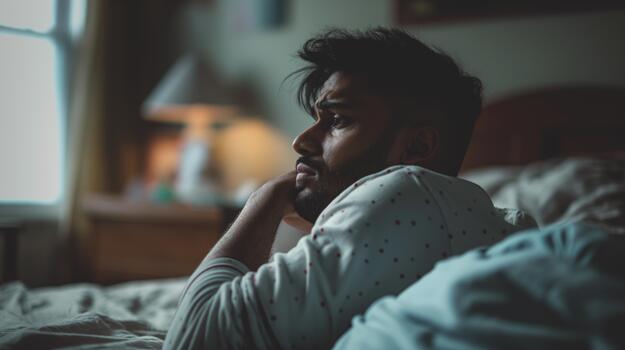 An Indian-american Man Lies in Bed, Deep in Thought, Displaying Sadness as Evening Light Filters Through the Window photo