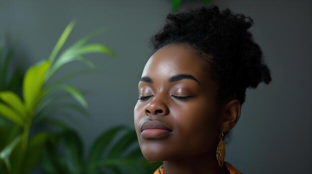 A Woman With Closed Eyes Sits Peacefully in a Serene Space Filled With Plants, Deep in Thought and Displaying Sadness photo