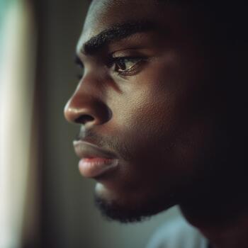 An African-american Man Sits Quietly, Gazing Out of a Window, Lost in Thought and Reflecting Sadness in His Expression photo