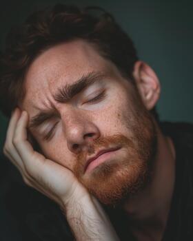A Caucasian Man Sits Quietly With His Head Resting on His Hand, Showing Signs of Deep Sadness in Subdued Light photo