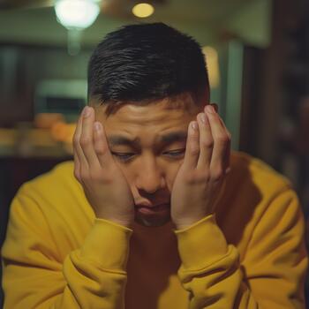 An Asian-american Man Sits in a Dimly Lit Room, Visibly Upset, With His Hands on His Face, Reflecting Deep Emotions photo