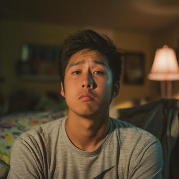 An Asian-american Man Gazes Thoughtfully While Seated in a Softly Illuminated Space, Reflecting on His Emotions photo