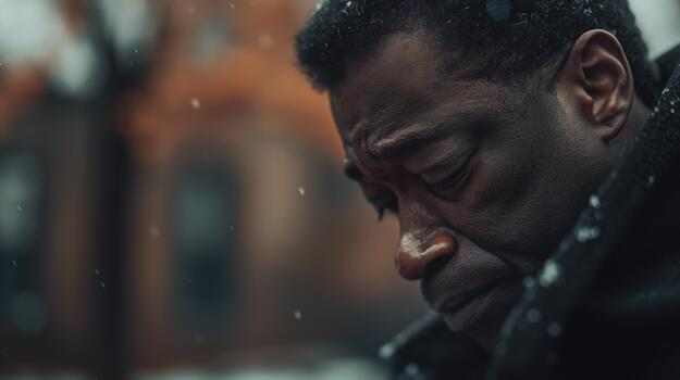 An African-american Man Reflects Sadness During Snowfall in a Quiet Urban Area on a Cold Day photo