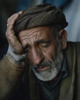 An Arab-american Man Sits With a Pained Expression, Lost in Thought, Capturing a Moment of Deep Sadness and Reflection photo