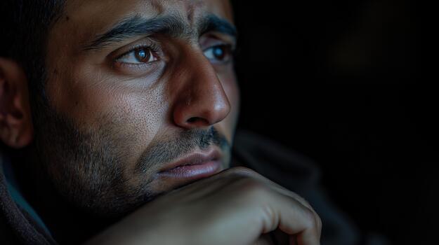 An Arab-american Man Sits in a Shadowy Space, Lost in Thought, Showing Visible Signs of Sadness and Introspection photo