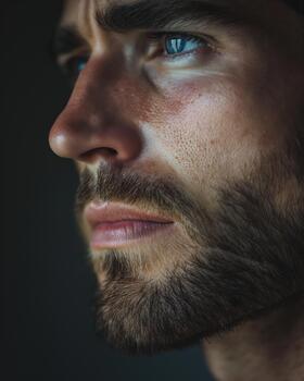 A White Man With a Stubble Appears Lost in Thought, Expressing Sadness in a Softly Lit Indoor Setting During Evening Hours photo