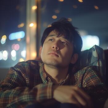 An Asian-american Man Sits by a Window, Reflecting on Life While Melancholy Fills the Air in a Dimly Lit Setting photo