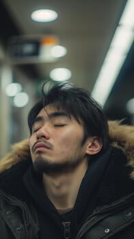 A Young Asian-american Man Sits Quietly With Closed Eyes, Reflecting Solitude and Sadness While Riding the Subway photo