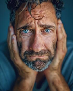 A Caucasian Man Shows Sadness, Resting His Face in His Hands, With a Serious Expression and a Soft Indoor Light photo