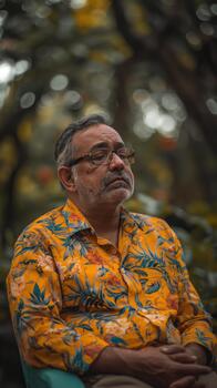 An Indian-american Man Sits Quietly, Deep in Thought, Surrounded by Nature, Showing Visible Signs of Sadness photo