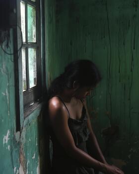 A Hispanic Woman Sits in Quiet Despair, Leaning Against a Wall, Enveloped by a Somber Atmosphere in a Dilapidated Space photo
