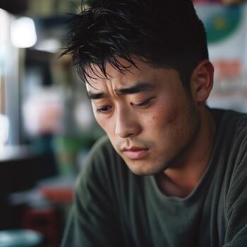 An Asian-american Man Sits Thoughtfully in a Casual Space, Reflecting on His Emotions and Experiences photo
