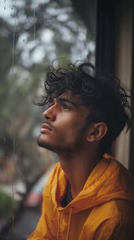 An Indian-american Man Sits by a Window, Looking Up With a Sad Expression as Rain Trickles Down the Glass photo