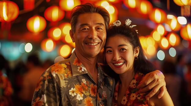 Joyful Asian Couple Celebrates the New Year at a Lively Party, Surrounded by Colorful Lanterns and a Festive Mood photo