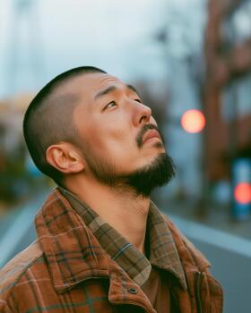 An Asian-american Man Stands on an Empty Street, Looking Up With a Look of Sadness as Twilight Settles Around Him photo