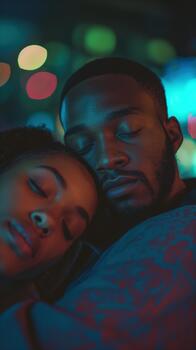 An African-american Couple Finds Comfort in Each Other While Grieving in a Vibrant, Soft-lit Space photo